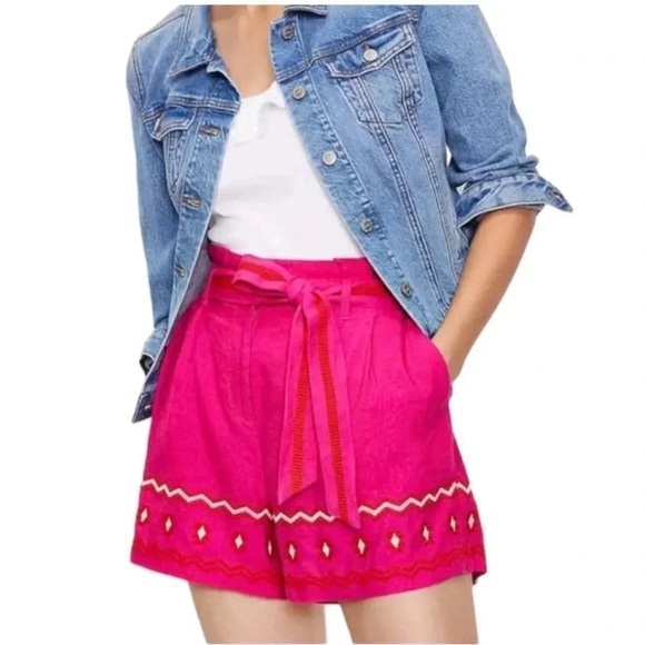 LOFT Pants - LOFT hot pink embroidered linen blend paperbag shorts NWT Sizes L and XL